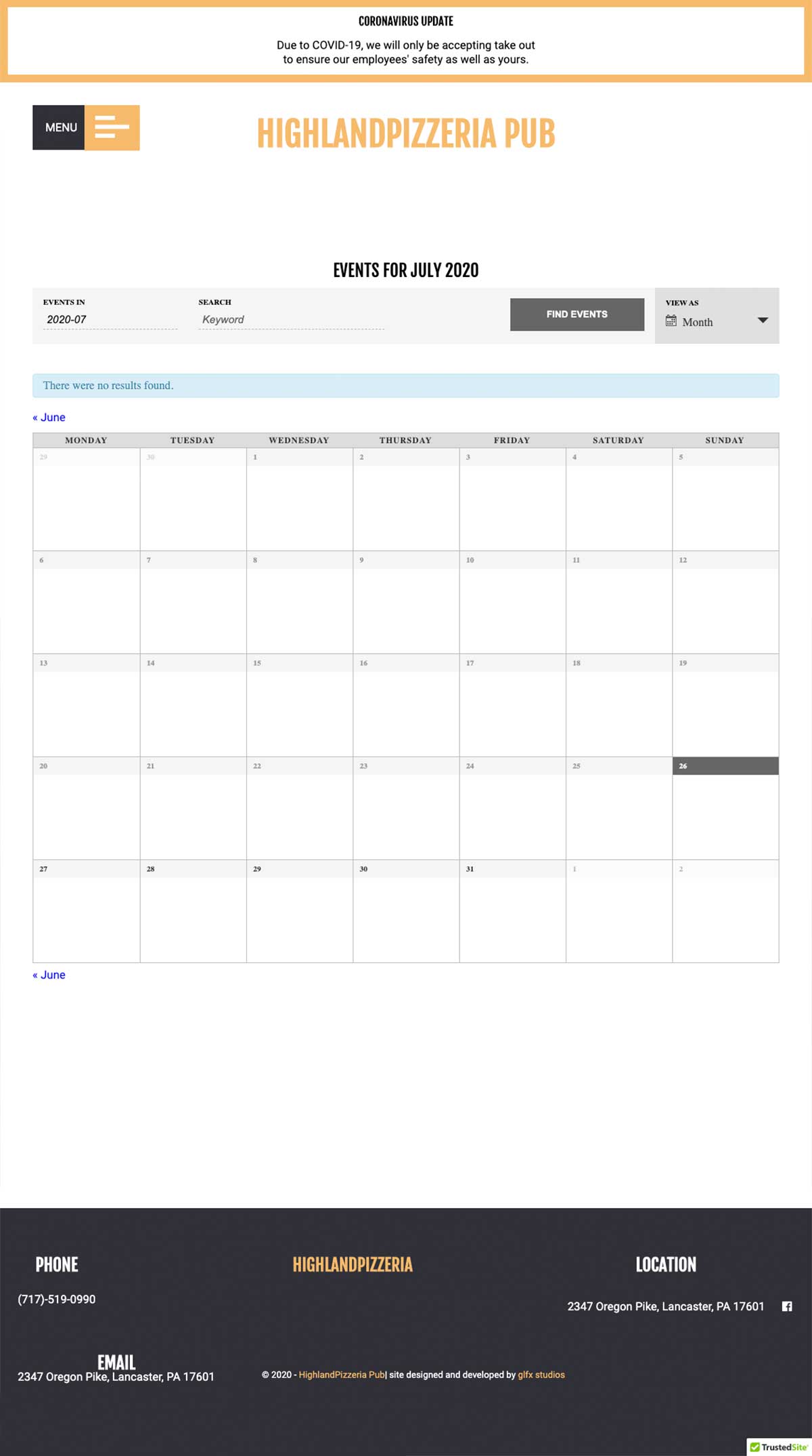 highland pizzeria calendar